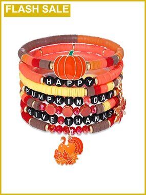 Thanksgiving Beaded Stretch Bracelet Set Stackable Fall Charm Jewelry